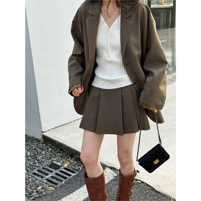 Johnature Korean Casual Suit Two-piece Women Sets Autumn Patchwork Blazer Pleated Skirt Fashion Women Sets