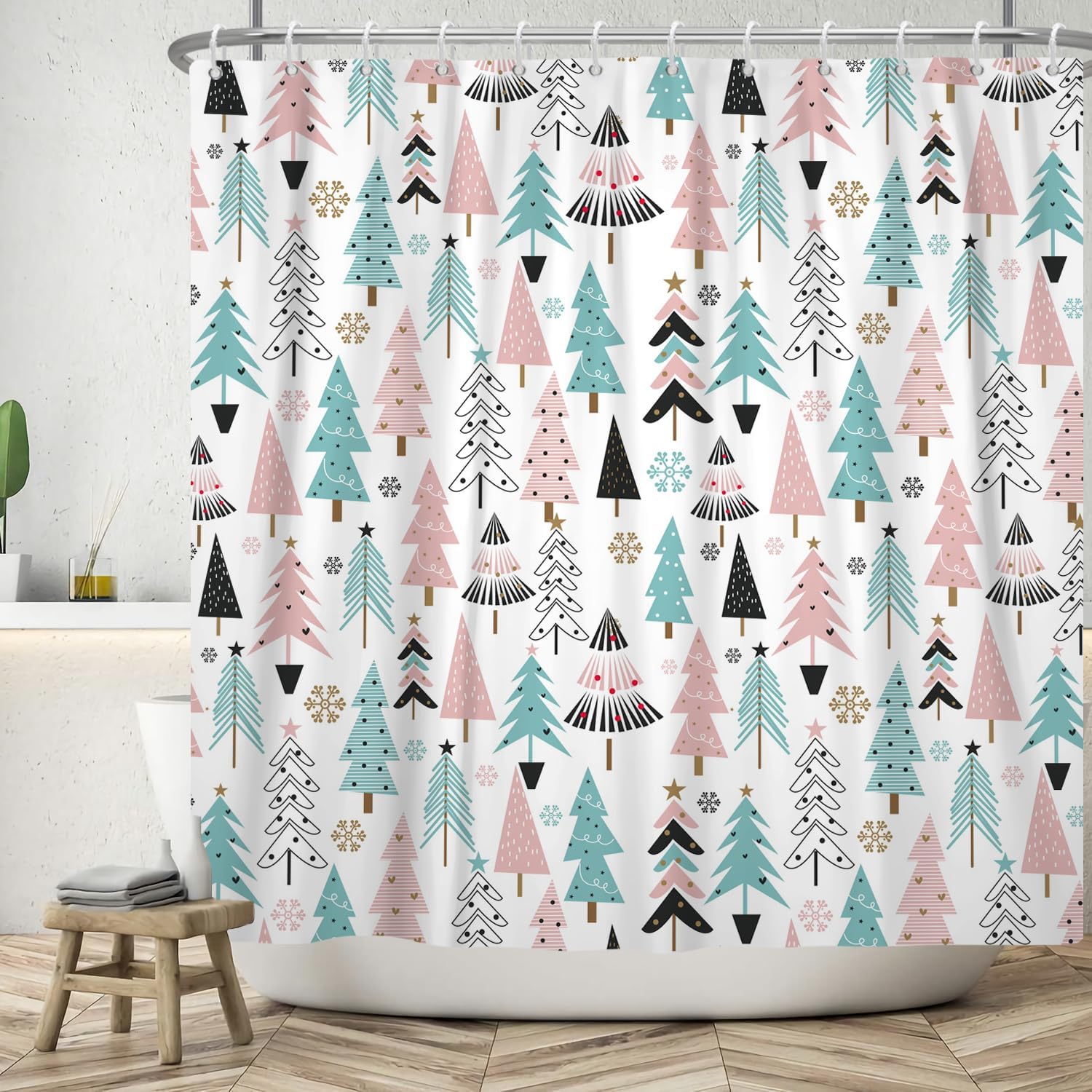 Boho Christmas Trees Shower Curtain Geometric Pattern Xmas Trees Shower Curtain Green Blue Red Merry Christmas New Year Shower W60H190(CM)-1 Pcs