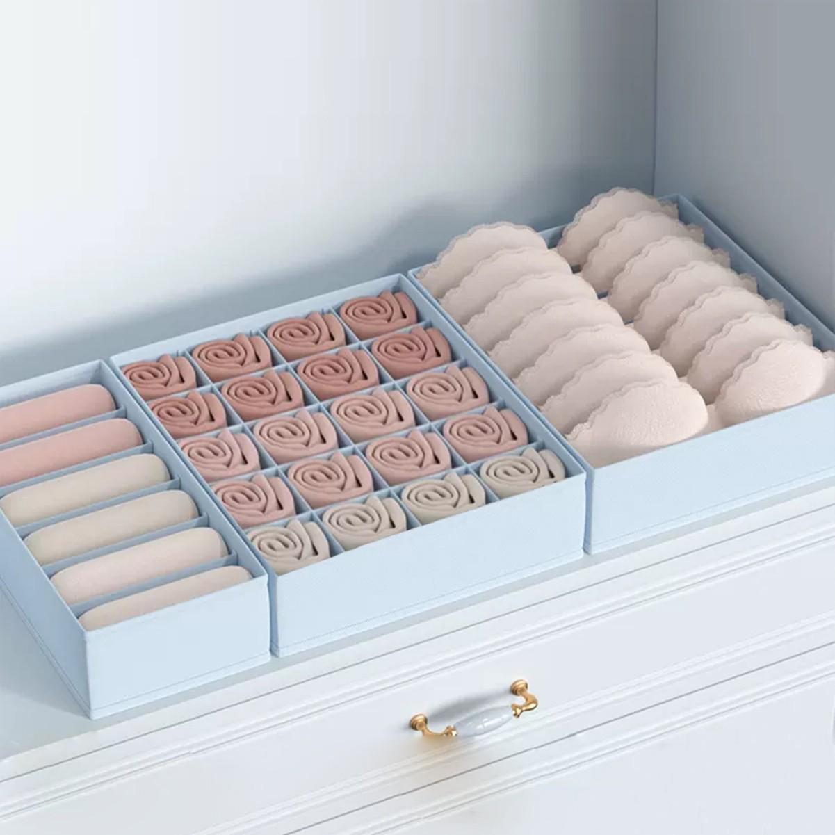 

Three-in-One Underwear Storage Organizer for Drawers: Compartmentalized Box for Socks, Bras, Wardrobe. 6 Compartments
