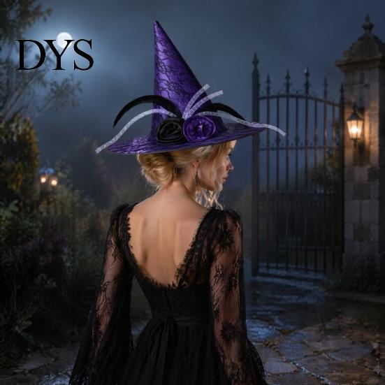 Fashionable Theme Event Hat Halloween Star Witch Hat, Mesh Veil Rose Feather Cone Adult Party Hats for Women, Gothic Costume Headwear, Cosplay