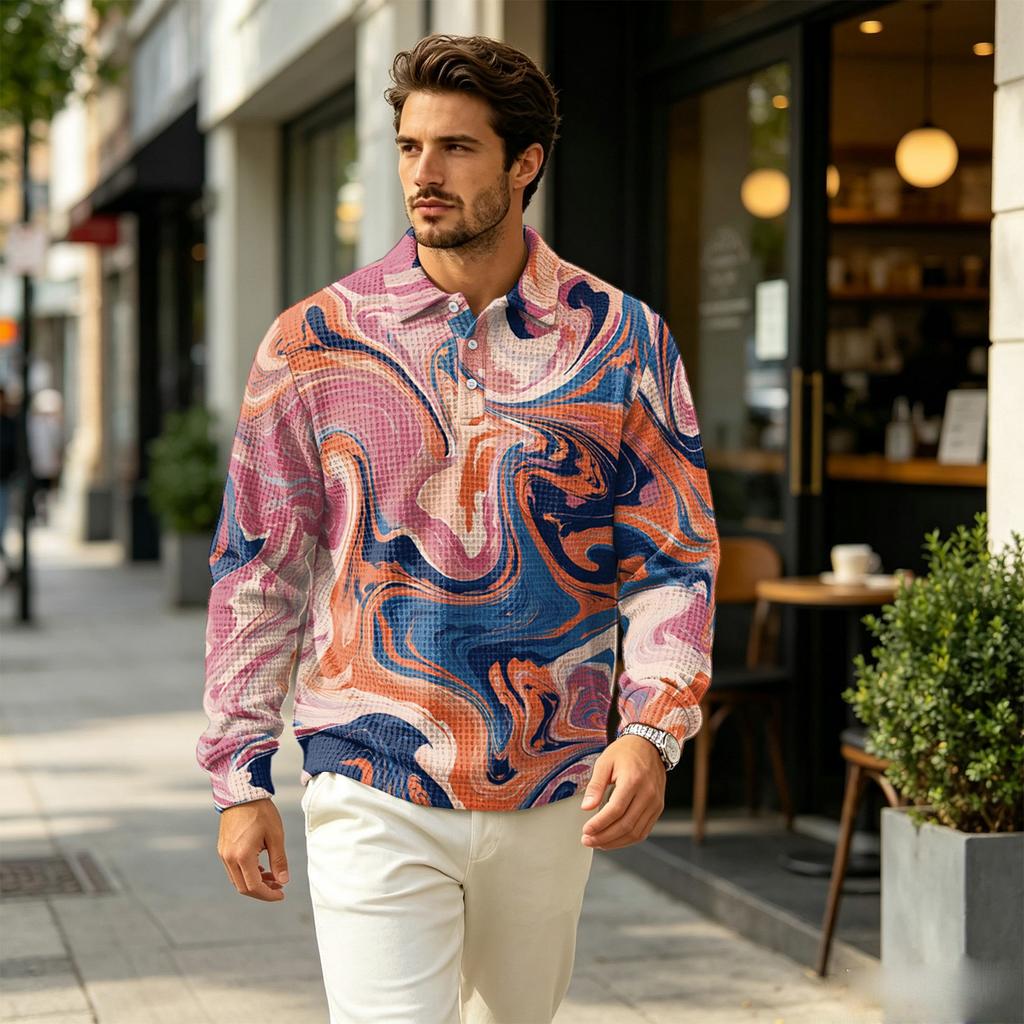 Men's Pullover Long Sleeve Top with Collar and Pocket, Fall Outdoor Casual Printed Shirt