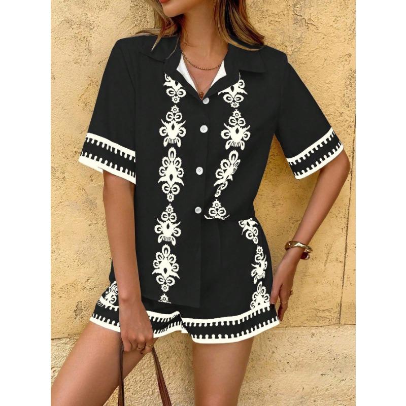 Women 2 Piece Set Floral Embroidered Short Sleeve Shirt and High Waist Shorts With Belt Multi Color