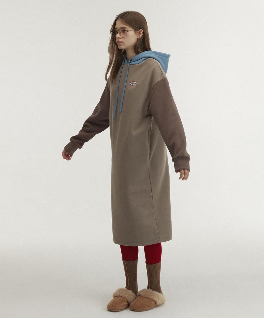 Between A And B Hooded Long Jersey Fleece-Lined Dress [Chocolate]
