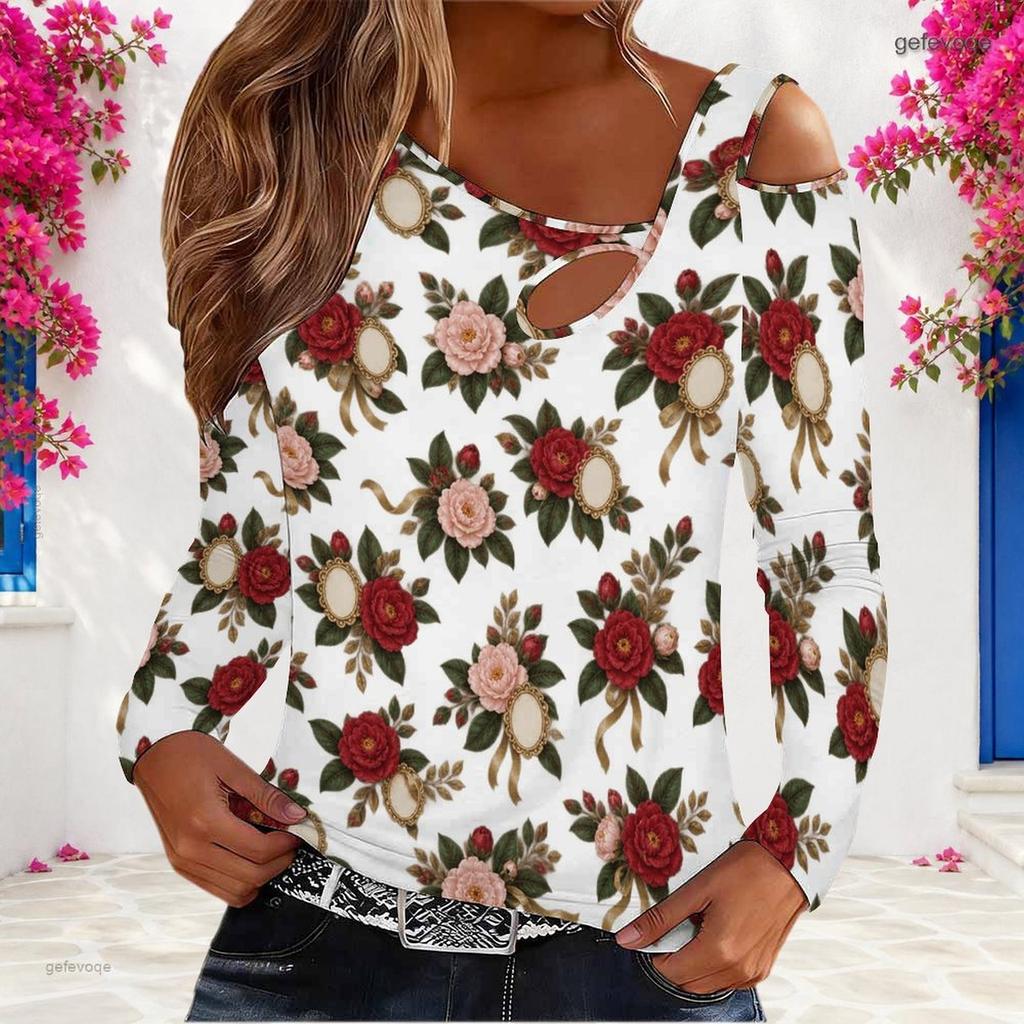 Women Plus Size Rose Floral Print Asymmetric Cutout Cold Shoulder Long Sleeve Fitted Blouse