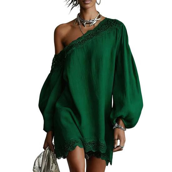 Women Off One Shoulder Loose Mini Dress, Batwing Long Sleeve Lace Trim Club Party Cocktail Dress, Summer Vacation Wedding Guest Dress
