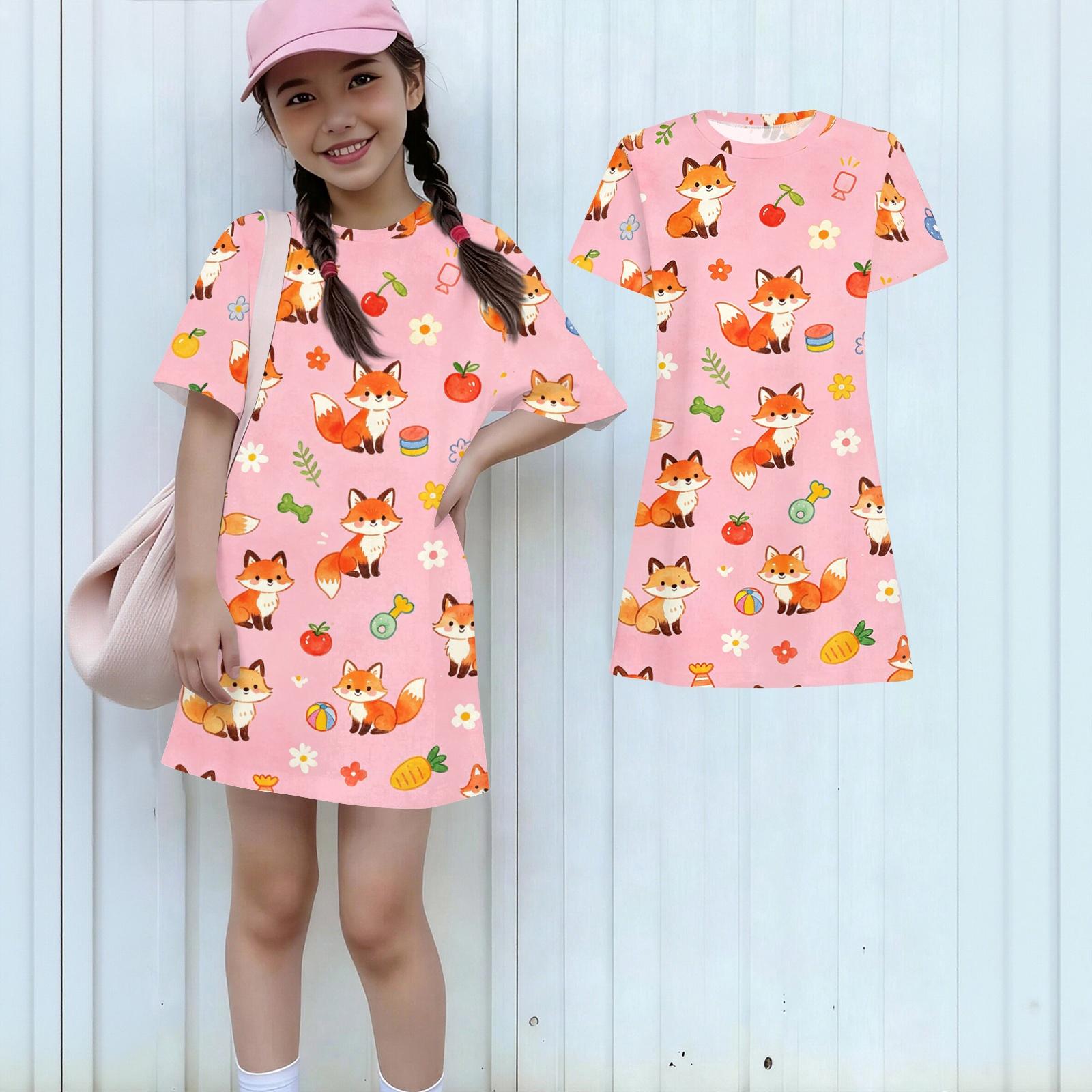 

Girls Animal Print Dress Kids Loose Fit Short Sleeve Round Neck Lightweight Casual Dress for Children Summer Wear 110