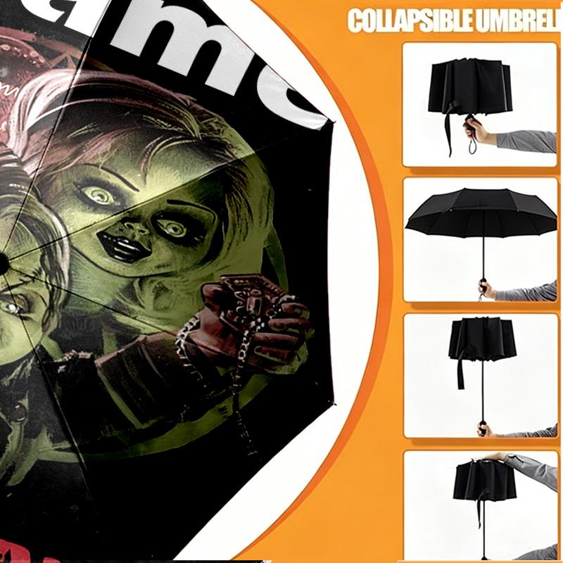 Custom Name Personalized Bride of Chucky Print Umbrella, Auto Open Close, 8‑Rib Sturdy Frame, Commute Camping Hiking Use, Birthday Gift