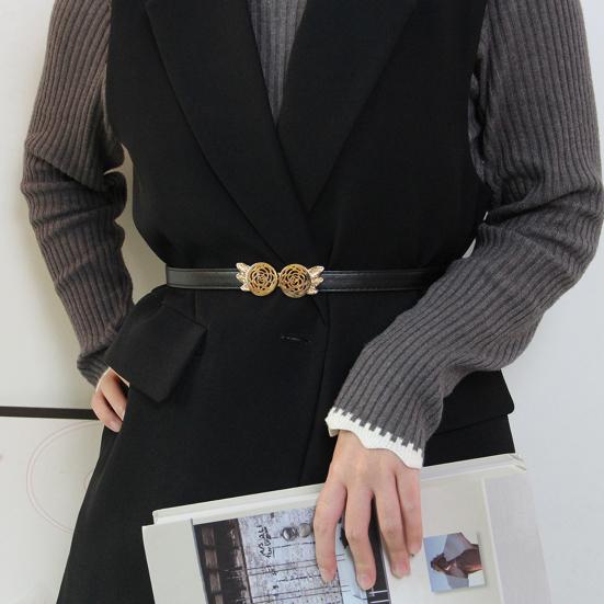 Women Belt Adjustable Imitation Leather Rose Pattern Buckle Waistband Dress Shirt Sweater Coat Accessory