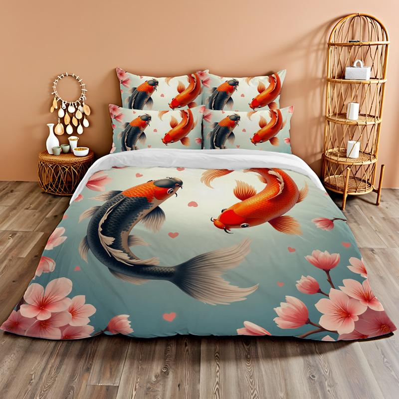 3D Digital Printing Bedding Two Or Three-Piece Set Koi Rich Flower Polyester Quilt Cover