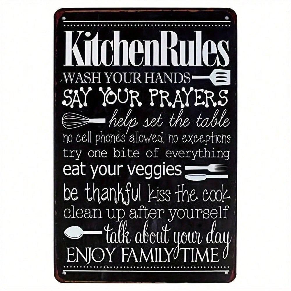 Vintage Metal Sign 12x8 Inch Kitchen Rules Aluminum Wall Decor, Retro American Home Art With Humorous Guidelines For Holiday