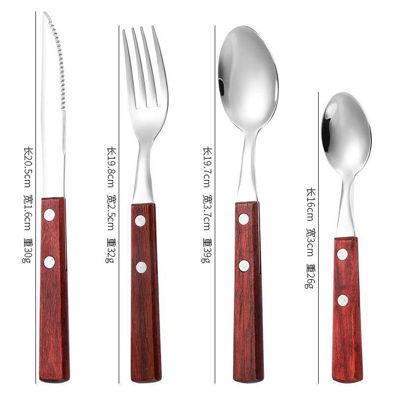 304 Stainless Steel Knife, Fork and Spoon Four-piece Set, Japanese-style Western Tableware, Flower Pear Wooden Handle, Steak Knife, Fork and Spoon Set