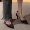 New black high heels women's design sense niche pointed pearl word with single shoes thin heel hollow