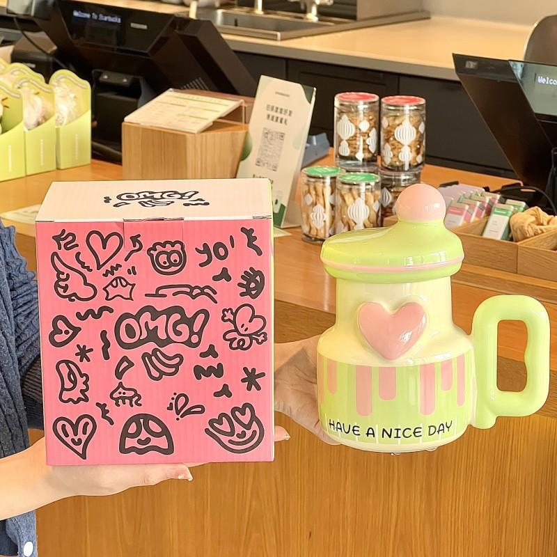 High-value design mug, niche ceramic cup with lid, girls' birthday gift, large-capacity milk coffee cup