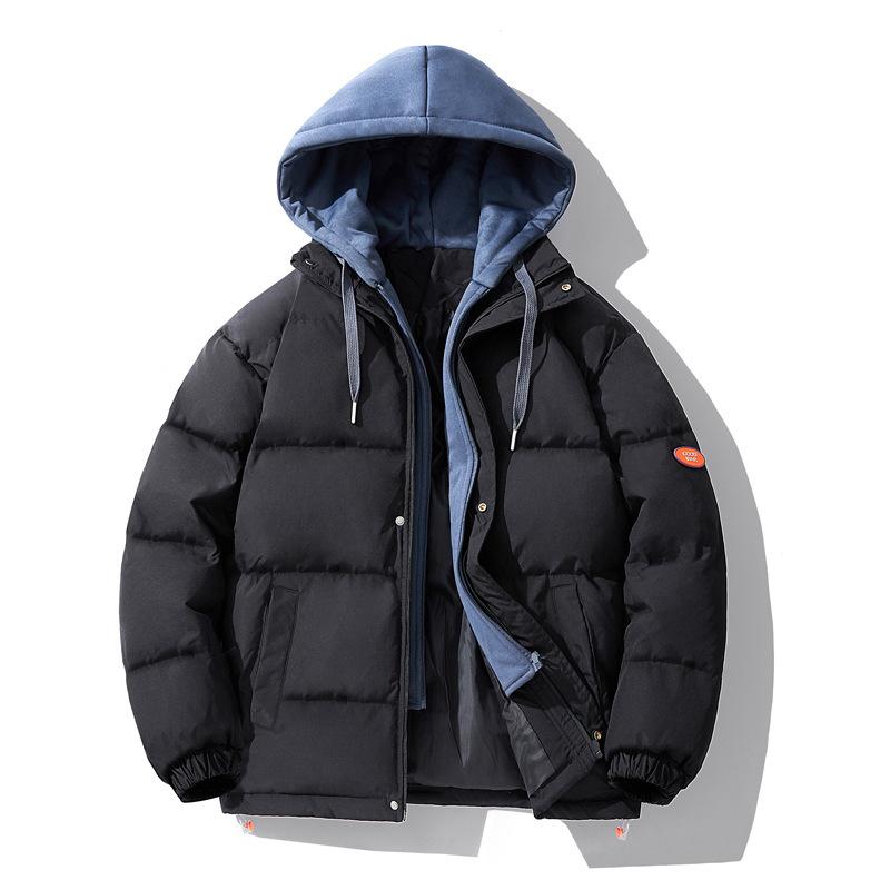New Fake Two-piece Hooded Cotton Clothes Men's Autumn and Winter Trendy Brand Handsome Cotton-padded Clothes Korean Version Trendy Loose Bread Clothes