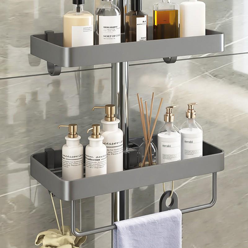 No-Drill Shower Head Holder with Shelf and Adjustable Rod for Bathroom Storage