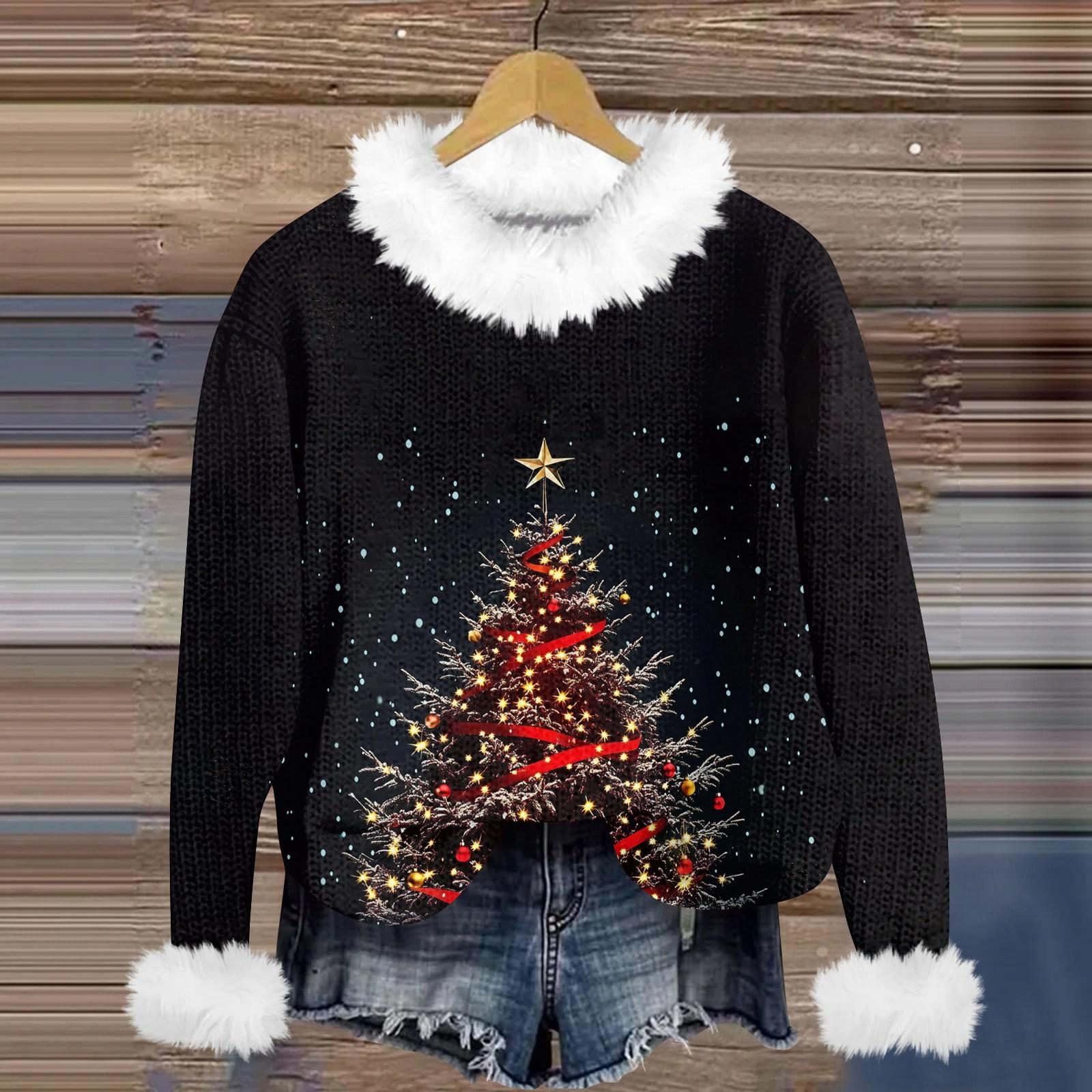 

Свитшоты для женщин Вязаный свитер Милая рубашка Осенний круглый вырез Пуловер с меховым воротником Топы XXL чёрный