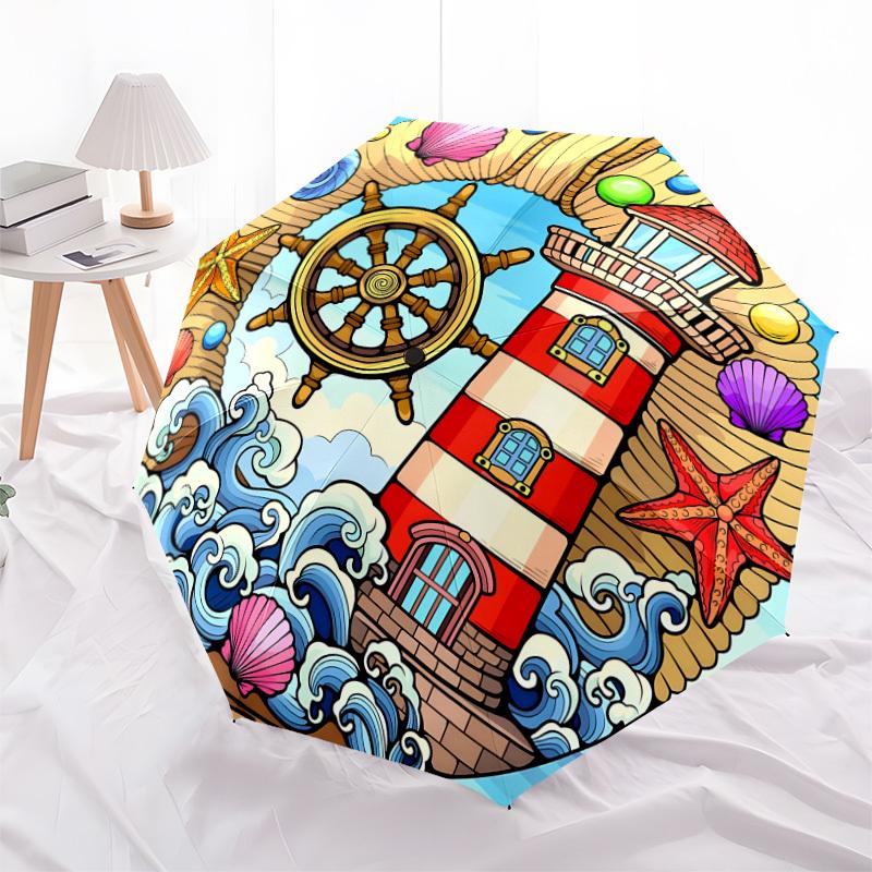 1pc Nautical Seaside Decorative Emblem Umbrella with Plastic Handle,Suitable for All Seasons Home Travel Outdoor UmbrellaDD1431