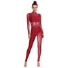 Womens Gymnastics Unitard Bodysuit Rhinestone Sheer Mesh Patchwork Cutout Back Full Body Jumpsuit Figure Skating Wear