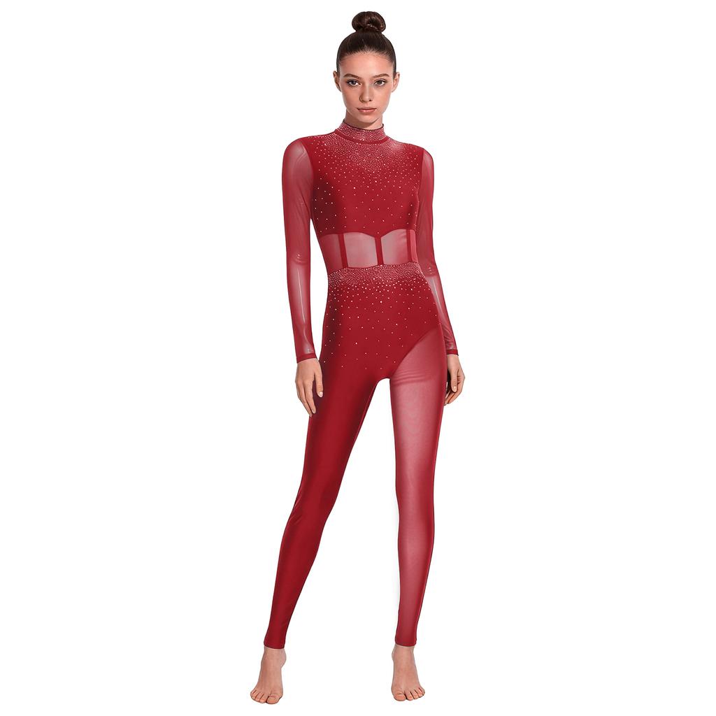 Womens Gymnastics Unitard Bodysuit Rhinestone Sheer Mesh Patchwork Cutout Back Full Body Jumpsuit Figure Skating Wear