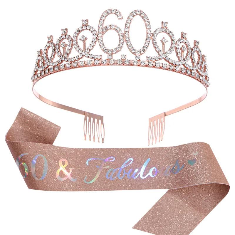 

2pcs/Set Birthday Party Crown Sash 18 21 30 40 50 Crystal Crown Tiara Printing Etiquette Belt Decoration Suit Party Supplies hat