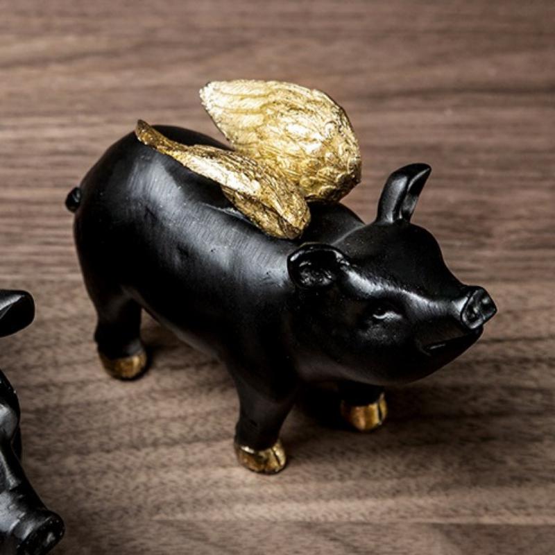 Creative Cute Black Flying Pig Statue Animal Resin Sculpture Home Decoration Wine Rack Bookshelf Desktop Ornament Pig Figurine