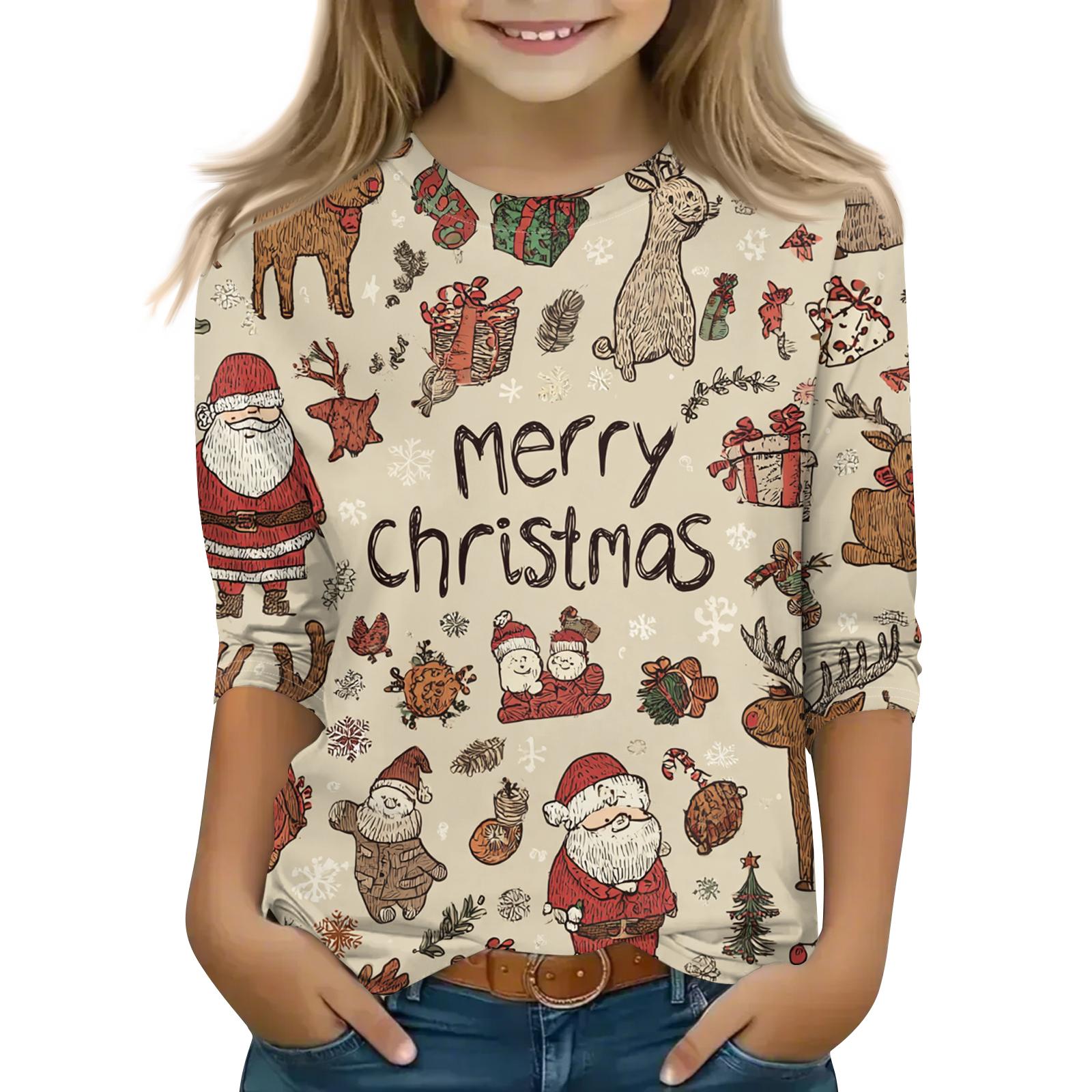 

Children s 3/4 Sleeve Round Neck Top Christmas Tree Printed Everyday Casual Top 120 хаки