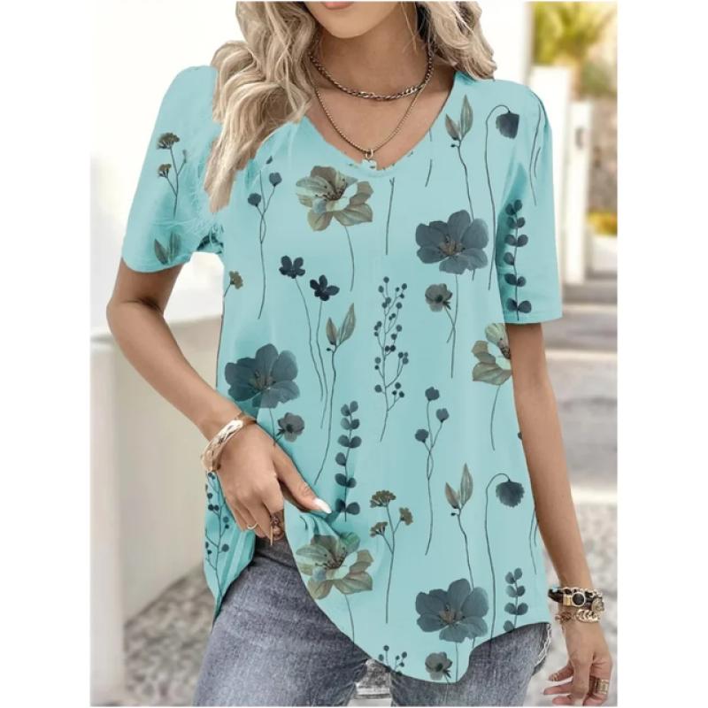Summer V-Neck T-Shirt Fashion Women Short Sleeves 3D Printed Top Tee Casual Loose Black White Fashion Streetwear Female Pullover