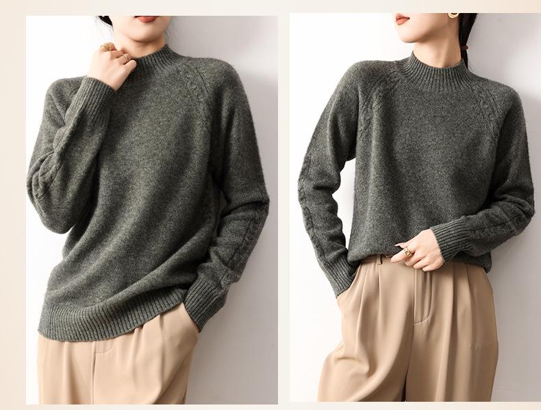 Women's Yak Wool Cable Knit Sweater, Autumn 2026, Half-High Neck, Elegant Style, Solid Color, Thick Pullover Sweater