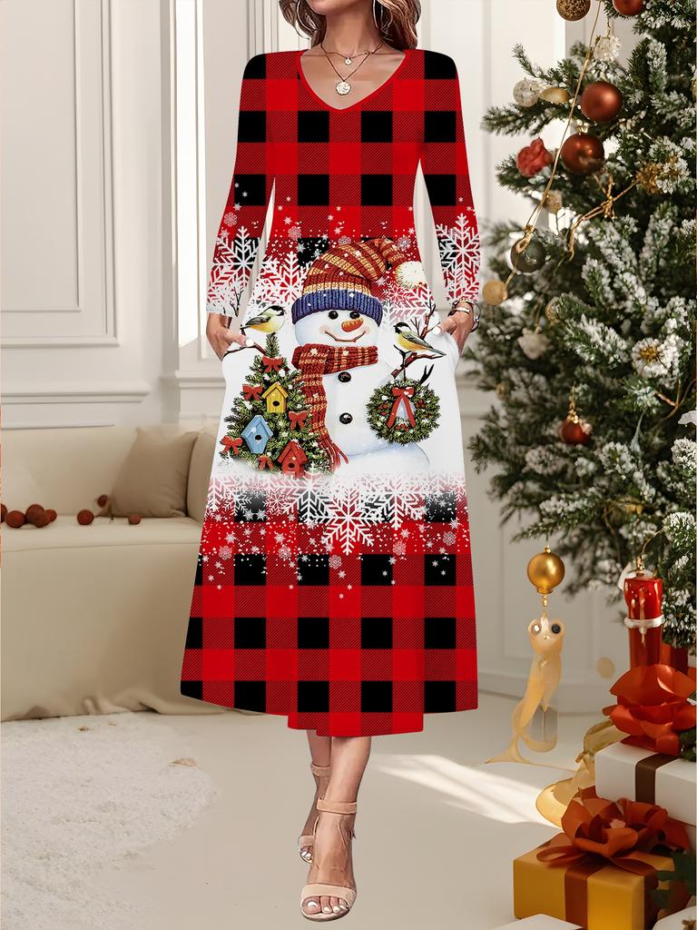 2025 Autumn and Winter New Women Casual Fashion Dress 3D Snowman Pattern Print Long Sleeve V-Neck A-Line Dresses Christmas Gift