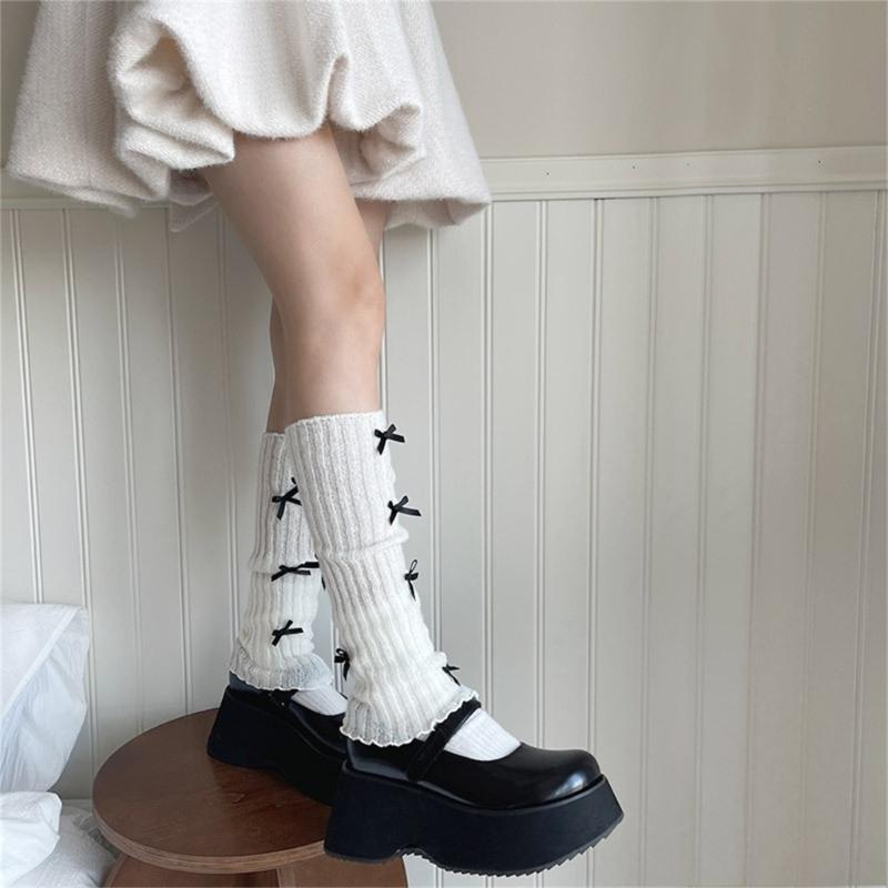 Women Girls Ribbed Knit Solid Color Leg Warmer Aesthetic Elegant Sweet Bowknot Footless Long Socks Ruffled Leg Covers