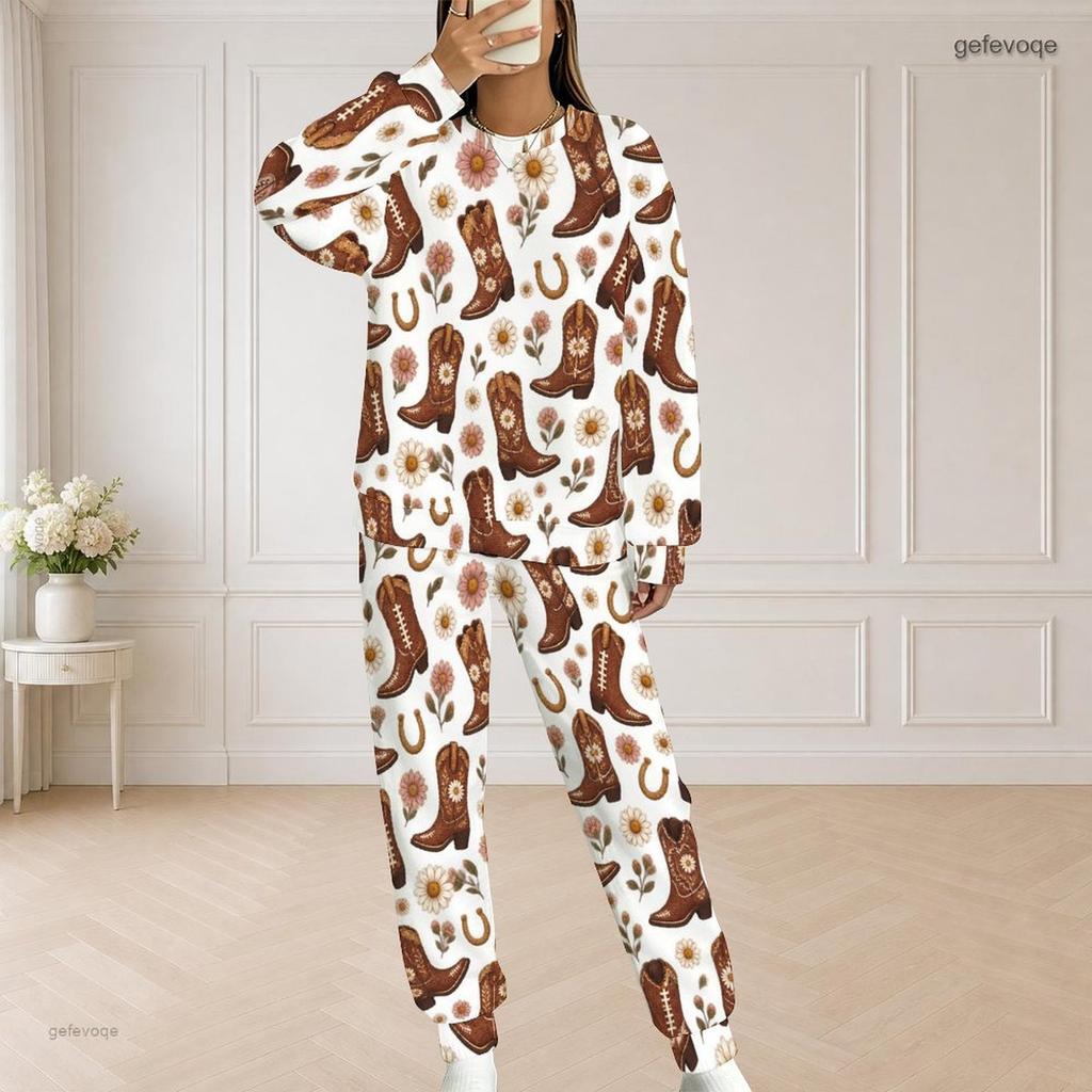 Women Plus Size Round Neck Long Sleeve Top And Long Pants Printed Two Piece Set