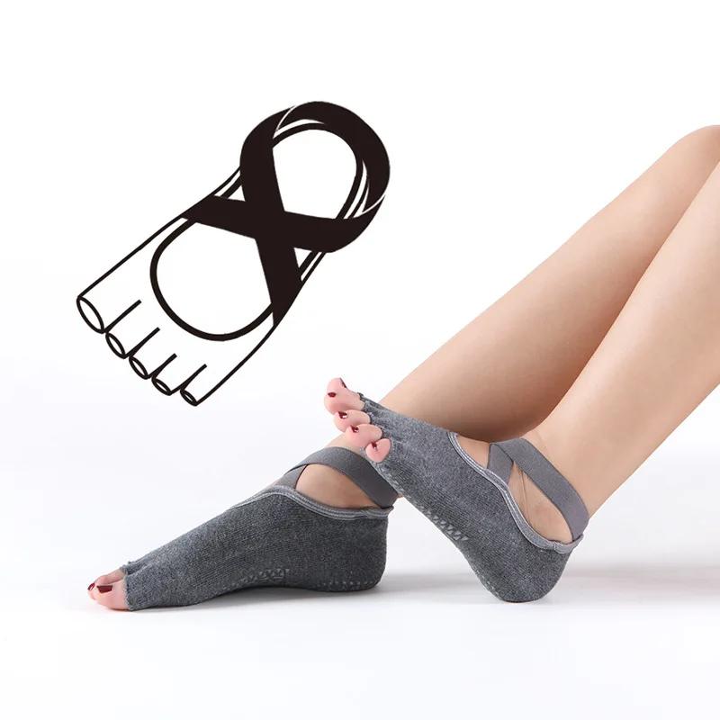 Women Toeless Yoga Socks with Grips Anti-Slip Bandage Sport Socks Ballet Dance Latin Barre Pilates Fitness Equipment Floor Socks