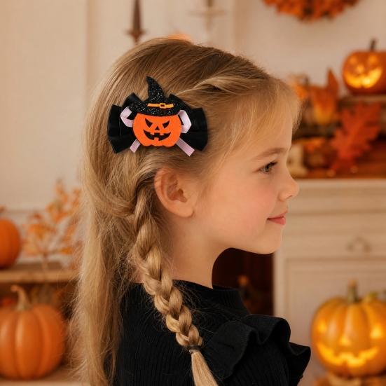 1 Pair Girl Hairpins, Anti-Slip Clip Design Bang Hair Pins, 3D Bow Pumpkin Skull Eyes Halloween Shape Hair Clips, Thick Ribbed Webbing Hair