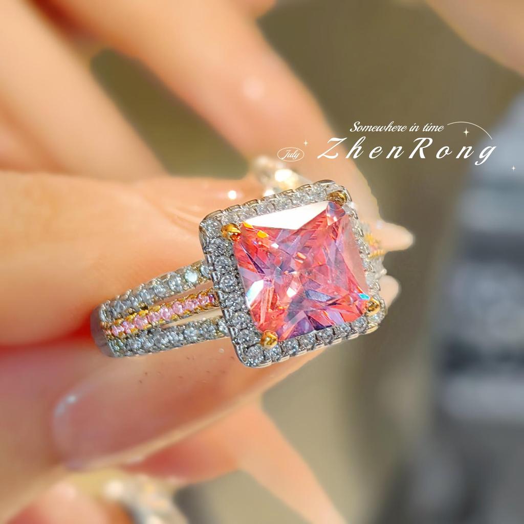 High Carbon Light Luxury Argyle Pink Diamond Bird's Nest Micro-Pave Ring for Women