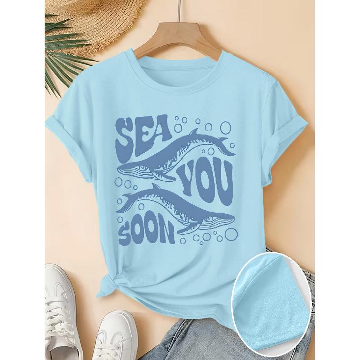 Women's Elegant Short-Sleeve Gift with Bubble Blue Whale Fun English Print Pattern and Vintage Round Neck T Fresh and Natural Style Loose-fitting