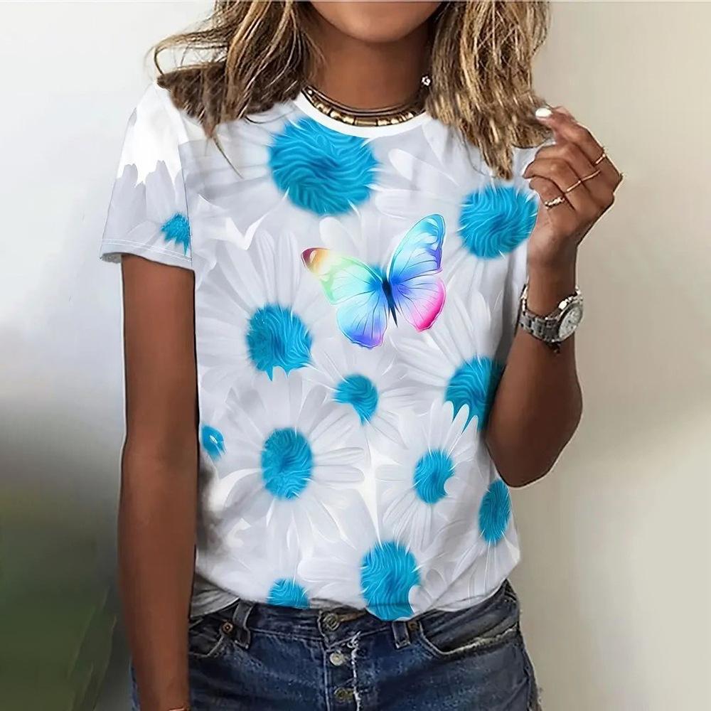 Casual and Versatile High-quality Flower Patterned Short Sleeved Round Neck Women's T-shirts