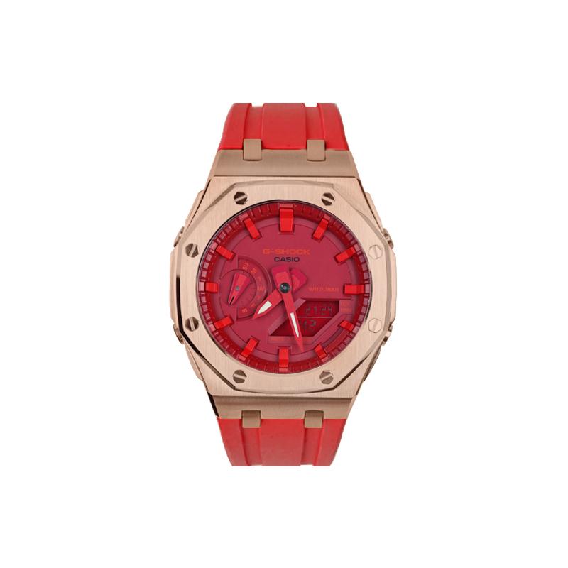 CASIO Unisex Liquid Crystal,Analog Dual Display Series 44mm Red Watch GA-2100-4A(Watch1--) Rose Gold Case Red Strap