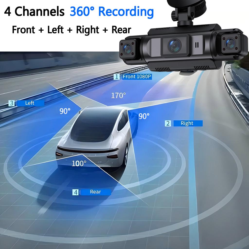 Car Dash Cam 4 Channel Black Box WiFi Driving Camera FHD 1080P Front Left Right Rear Night Vision Loop Recording Add Hardwirekit