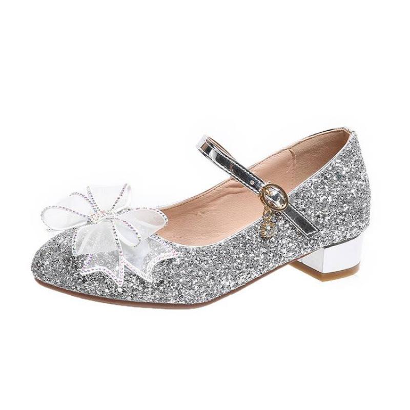 New Middle-aged Children's Soft Leather Princess Shoes Comfortable Sequins Buckle Girl Student Bow Show Catwalk Children's Single Shoes