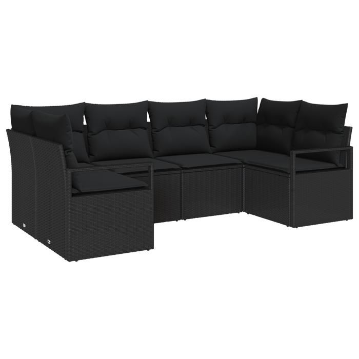 Ensemble de canapé de jardin de 6 pièces avec coussins noir en poly rotin, Canapé de jardin 2 places avec coussins noir 3346523