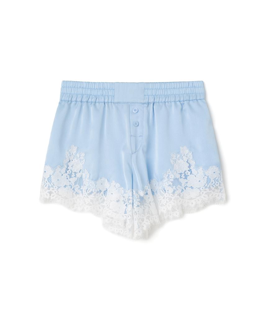 MILLO WOMEN Satin Lace Trim Shorts [Sky Blue]