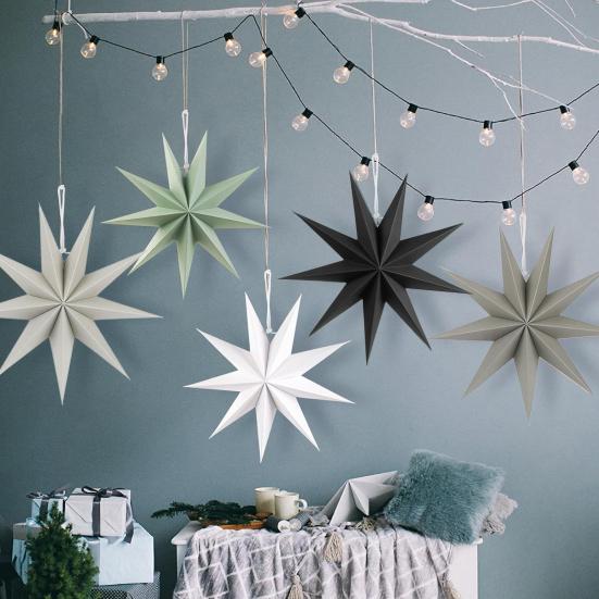 5Pcs Star Lanterns 12-Inch Paper Christmas Ornaments 9 Pointed Hanging Lamp Lampshades Vintage Farmhouse