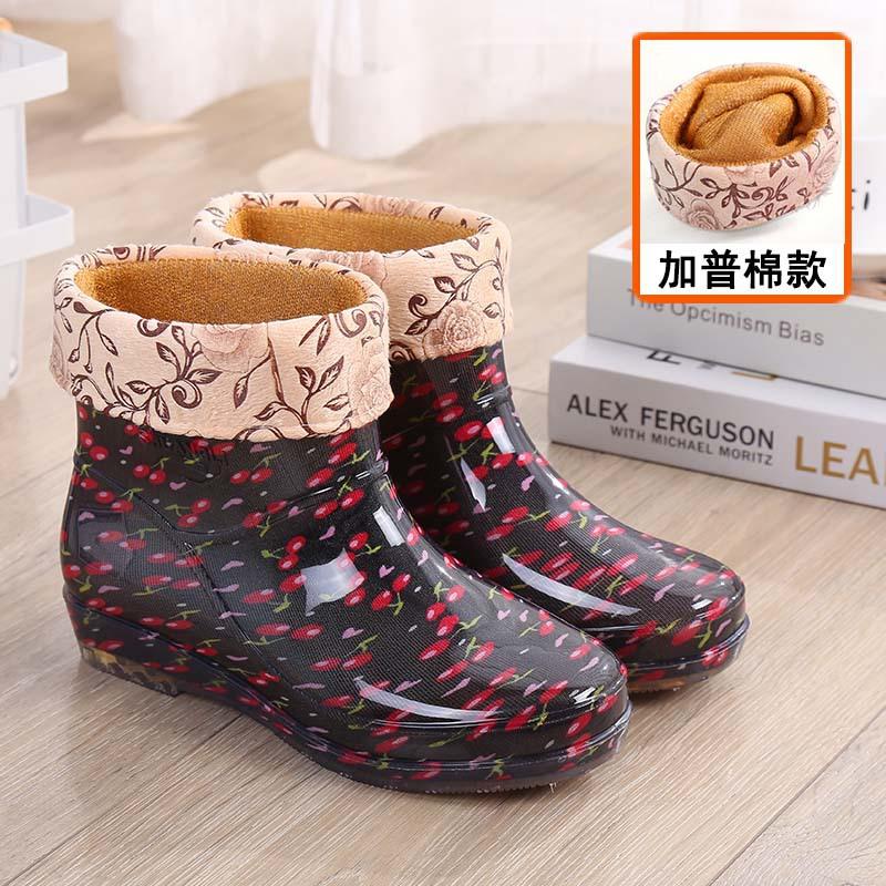 Fleece short rain shoes water shoes women wear waterproof rain boots non-slip shoes light car wash work water boots warm rubber shoes