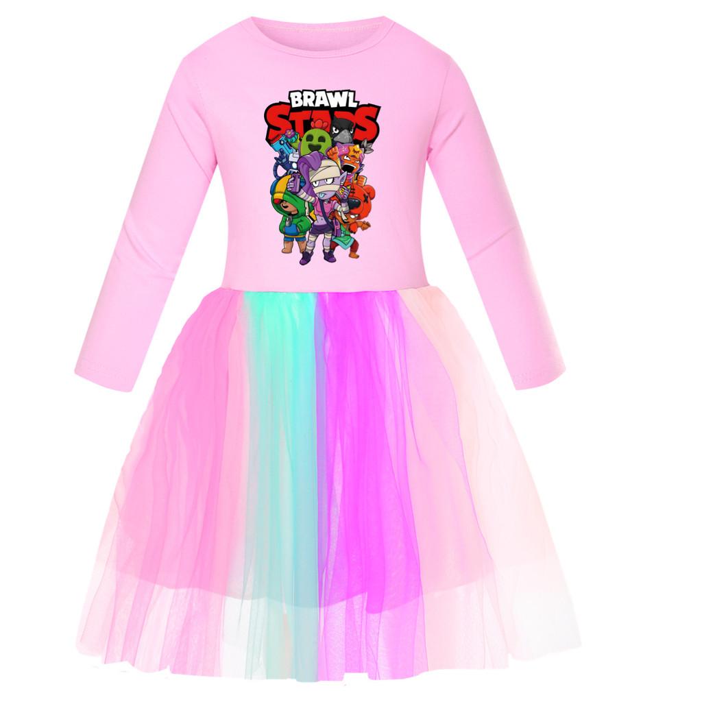 4094 Girls Brawl Stars Print Mesh Rainbow Princess Dress
