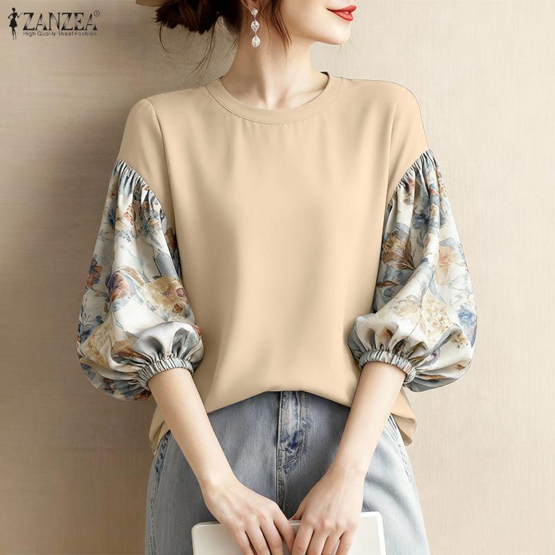 ZANZEA Women Print Splice 3/4 Sleeve Loose Casual O-neck Blouse