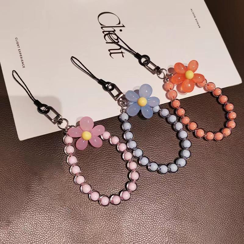 1PC Macaron Color Bead Mobile Phone Lanyard, Japanese and Korean Ins Wind Handmade Beaded Flower Mobile Phone Chain, Wrist Rope
