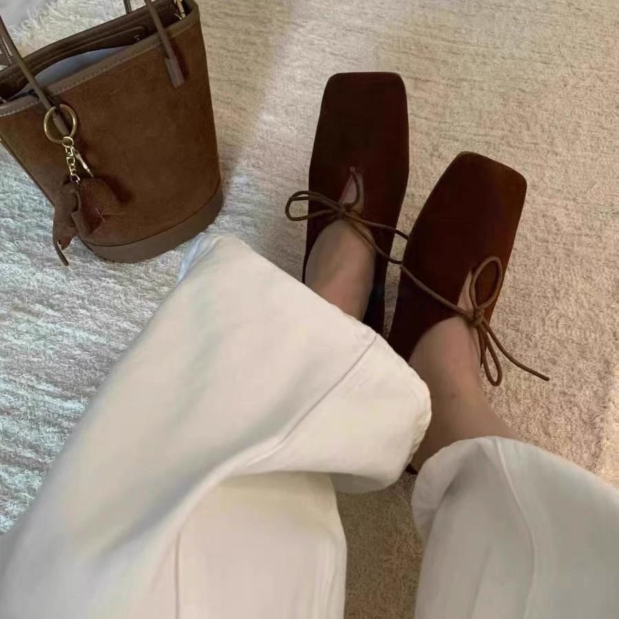 French Retro Niche Square Head Bow Flat Ballet Shoes Single Shoes Women's Spring and Autumn New Mary Jane Loafers