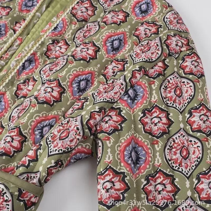 Manteau en coton à imprimé rétro français 2024: Mode européenne et américaine, vêtements pour femmes ceinturés, coupe ample et manches longues