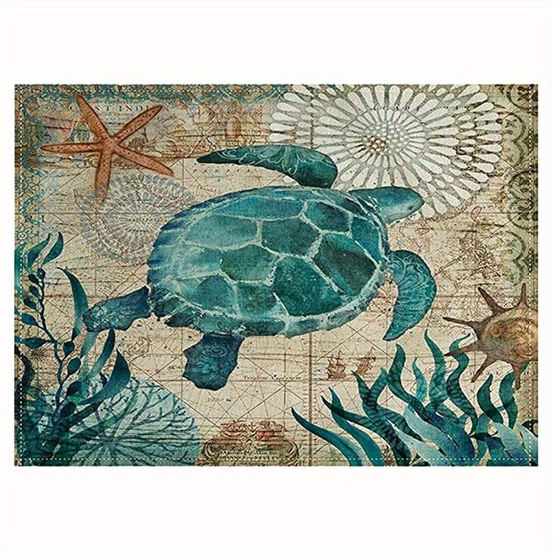 1pc Vintage Ocean Style Encrypted Linen Placemat, Summer Style Seahorse/Starfish/Seashell/Conch Table Mat, Tabletop Protection