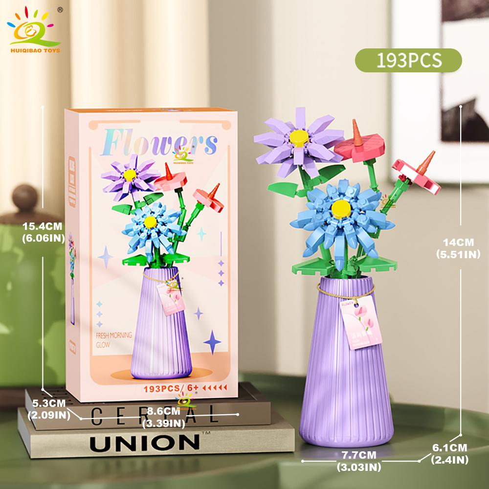 HUIQIBAO MOC Eternal Flower Bouquet with Pot Micro Building Block Sunflower Rose Mini Model Brick Toy Home Desk Decoration